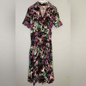 Vintage JG Hook Linen Dress Size 10 Women’s Faux Wrap Dress Belted Black Teal